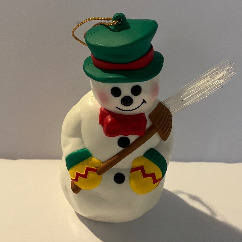 Vintage Avon Snowman Ornament with Green Hat and Red Bow Light up nose and broom